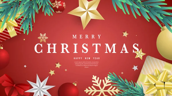 メリークリスマスとクリスマス休暇中のギフトピンの葉と要素と赤の背景にハッピーニューイヤー フラットモダンデザイン イラストベクトルEps — ストックベクタ
