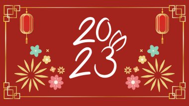 Yeni Çin yılı 2023, kırmızı zemin üzerinde tavşan ve Asya elementlerinin yılı, çevrimiçi içerik için, illüstrasyon Vektör EPS 10