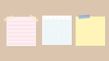 Set of different sticky notes with colored masking tape isolated on pink  background , illustration Vector EPS 10