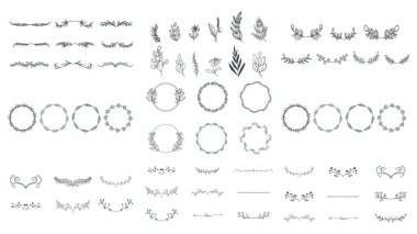 Çiçek çerçeveleri, sınırlar, çelenkler moda çizimi, çizgi çizimi, el yapımı tasarım unsurları, beyaz arkaplanda izole edilmiş Düz Modern tasarım, Vektör illüstrasyon EPS 10