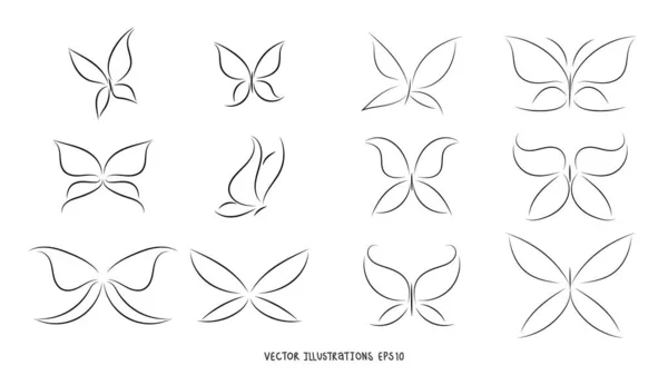 Nastavit Ručně Kreslený Motýlí Tvar Ručně Kreslené Prvky Plochý Moderní — Stockový vektor