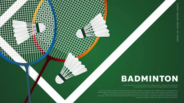 Badminton Racket White Badminton Shuttlecock White Line Green Background Badminton — Stock Vector
