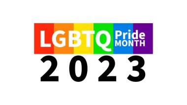 LGBTQ Onur Ayı 2023 LGBT gurur bayrağı ya da Gökkuşağı renkleriyle semboller. LGBT tasarımları arka planda izole edildi, Vektör illüstrasyon EPS 10