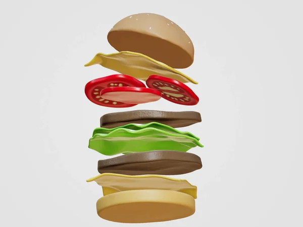 햄버거 광고에는 재료가 들어가고 떨어져 렌더링 일러스트가 있습니다 — 스톡 사진