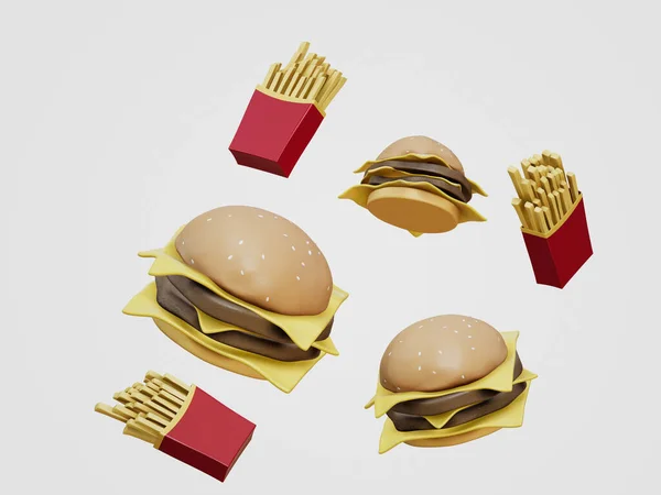 Cheeseburger Und Pommes Chips Rotem Papierumschlag Render Isoliert Auf Hintergrund — Stockfoto