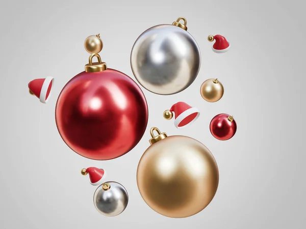 Rood Goud Zilver Kerstboom Decoratie Ballen Zweven Met Kerst Hoed — Stockfoto