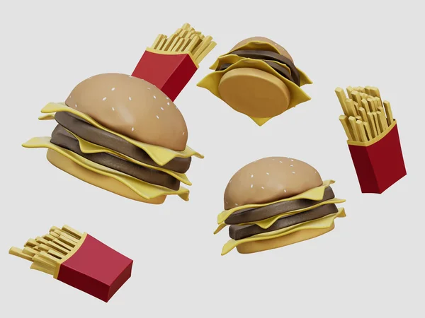 Cheeseburger Και Τηγανητές Πατάτες Μάρκες Κόκκινο Φάκελο Χαρτί Καθιστούν Απομονώνονται — Φωτογραφία Αρχείου