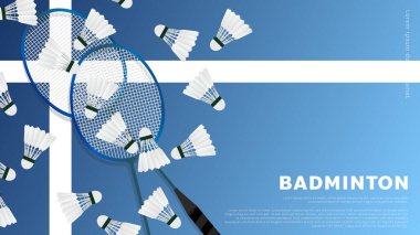 Badminton raketi, beyaz badminton servis aletli beyaz çizgi üzerinde mavi arka plan badminton kortu içinde fotokopi alanı olan badminton spor duvar kağıdı, illüstrasyon vektörü EPS 10