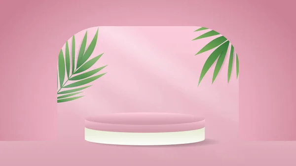 Rózsaszín Pódium Pálma Növény Minimális Elvont Háttér Színpadi Pódium Kijelző — Stock Vector