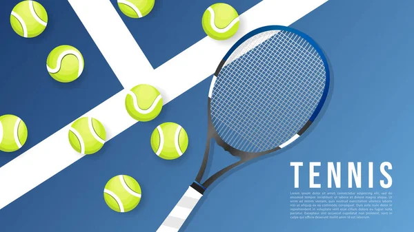 Tenis raketi, tenis mavi kortunda top ile çevrimiçi spor etkinliklerinde kullanılacak illüstrasyonlar, Görüntü Vektörü EPS 10