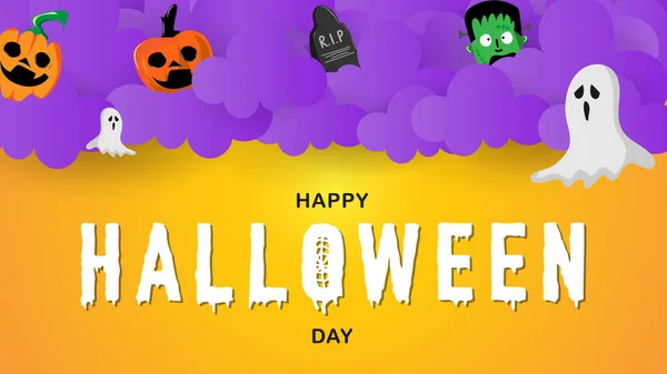 Affiche Vacances Halloween Avec Fantôme Effrayant Citrouille Sur Fond Violet — Image vectorielle