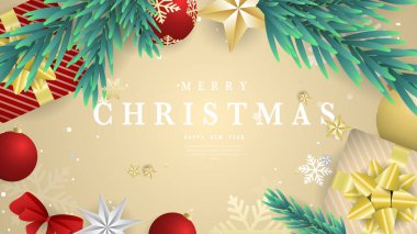 Noel tatilinde hediye broş yaprağı ve unsurla Mutlu Noeller arkaplanı, Düz Modern tasarım, illüstrasyon Vector EPS 10