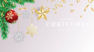 Mutlu noeller ve yeni yıl tebrik kartları altın noel ağacı, hediye, konfeti, beyaz arka planda konfeti