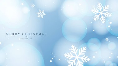 Kar taneleriyle mutlu Noeller, mavi arka planda Bokeh, Düz Modern tasarım, illüstrasyon Vektörü EPS 10