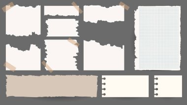 Kağıt ve notlar, çıkartmalar, yapışkan kağıtlar ve bant vektör seti, gri zemin üzerinde, Not kağıdı toplantı hatırlatması, Düz Modern tasarım, illüstrasyon Vektörü EPS 10 