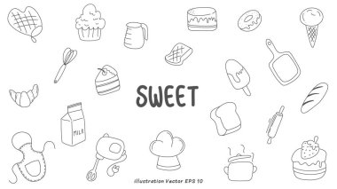 vektör el çizimi tatlı yiyecekler, tatlılar, şekerler, şekerler ve şeker koleksiyonu