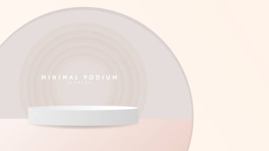 Dairesel sırtı olan soyut beyaz podyum, minimal podyum ve kırmızı zemin, sunum için 3d podyum, gösteri için sahne, 3d vektör EPS 10