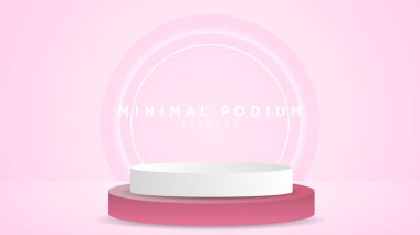 Soyut pembe beyaz podyum Sırtın daire ışıkları ve pembe arka planı, minimum podyum ve kırmızı arkaplan, sunum için 3D podyum, gösteri için sahne, illüstrasyon 3d EPS 10