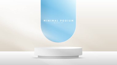 Arkasındaki beyaz podyum parlak bir gökyüzü, minimal podyum ve kırmızı arka plan, sunum için 3d podyum, gösteri için sahne, illüstrasyon 3d EPS 10