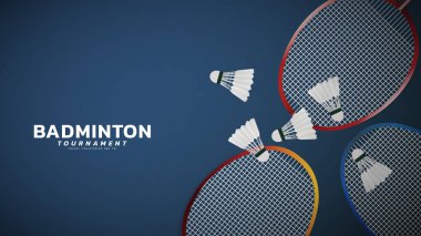 Badminton raketi beyaz badminton servis horozu n mavi arkaplan, vektör spor illüstrasyon posteri veya afiş tarzı, illüstrasyon Vector EPS 10
