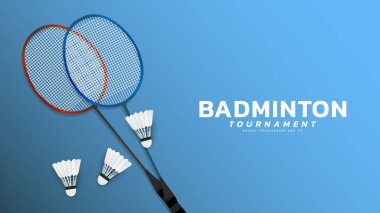 Badminton raketi beyaz badminton servis horozu n mavi arkaplan, vektör spor illüstrasyon posteri veya afiş tarzı, illüstrasyon Vector EPS 10