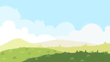 Mavi arkaplanda yeşil çimen ve dağlar vektörü