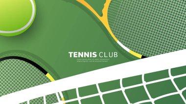 Yeşil arka planda tenis raketi ve top, çevrimiçi spor etkinliklerinde kullanmak için kapalı saha, Tenis spor konsepti için resim, Vector Illustration EPS 10
