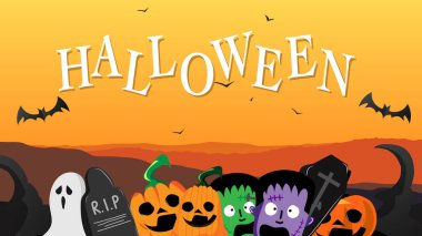 Cadılar Bayramı 'nda Cadılar Bayramı' nda internet ya da internet, pankart ve şablon, Cadılar Bayramı için Emojiler, düz çizgi film tarzı. Resim Vektörü EPS 10