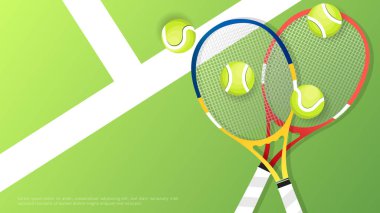 Tenis raketi ve tenis kortunun arka planında tenis topu, çevrimiçi spor etkinliklerinde kullanılacak illüstrasyonlar, İllüstrasyon Vektörü EPS 10