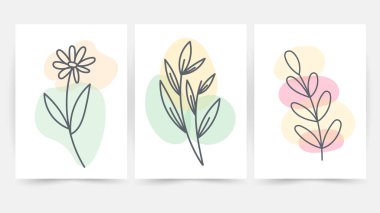Çiçek hattı duvar sanat vektörü ayarlandı. Dünya tonu boho çiçek çizimi, Soyut Bitki Sanatı tasarımı baskı, kapak, duvar kağıdı, minimal ve doğal duvar sanatı.