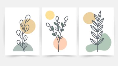 Çiçek hattı duvar sanat vektörü ayarlandı. Dünya tonu boho çiçek çizimi, Soyut Bitki Sanatı tasarımı baskı, kapak, duvar kağıdı, minimal ve doğal duvar sanatı.