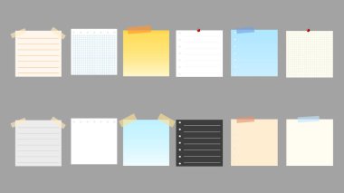Kağıt ve notlar, çıkartmalar, yapışkan kağıtlar ve bant vektörü seti, gri zemin üzerinde, Düz Modern tasarım, illüstrasyon Vektörü EPS 1