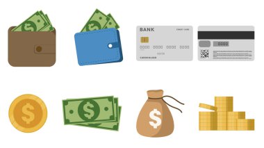 Finans unsurları kümesi, bankacılık illüstrasyonu, Para düz tasarım, illüstrasyon Vektörü EPS 10