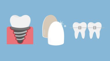 Diş ikonu seti izole edildi, vektör illüstrasyonu, mavi arkaplanda 