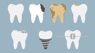 Diş ikonu seti izole edildi, vektör çizimi, mavi arkaplan üzerinde diş ikonu izole edildi, vektör illüstrasyonu, mavi arkaplan üzerinde 