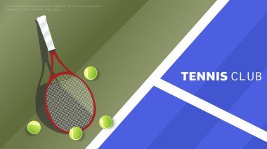 Yeşil arka planda tenis raketi ve top, çevrimiçi spor etkinliklerinde kullanmak için kapalı saha, Tenis spor konsepti için resim, Vector Illustration EPS 10