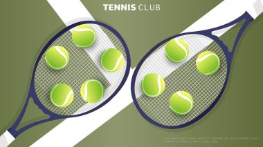 Yeşil arka planda tenis raketi ve top, çevrimiçi spor etkinliklerinde kullanmak için kapalı saha, Tenis spor konsepti için resim, Vector Illustration EPS 10