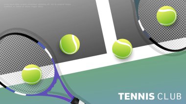 Yeşil arka planda tenis raketi ve top, çevrimiçi spor etkinliklerinde kullanmak için kapalı saha, Tenis spor konsepti için resim, Vector Illustration EPS 10