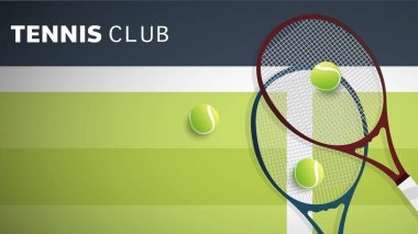 Yeşil arka planda tenis raketi ve top, çevrimiçi spor etkinliklerinde kullanmak için kapalı saha, Tenis spor konsepti için resim, Vector Illustration EPS 10