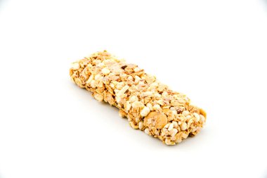 Granola Sağlıklı Atıştırmalık Bars Granola gevrek barı fındıklı ve yoğurtlu beyaz arka planda.