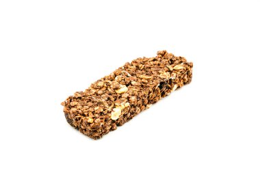 Granola Sağlıklı Atıştırmalık Bars Granola gevrek barı fındıklı ve yoğurtlu beyaz arka planda.