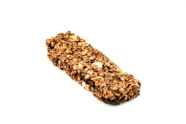 Granola Sağlıklı Atıştırmalık Bars Granola gevrek barı fındıklı ve yoğurtlu beyaz arka planda.