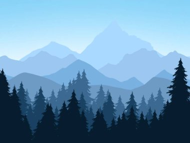 Dağlarda ağaçlarla kaplı bir kış manzarasının resmi.