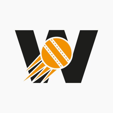 W harfi kriket logosu hareket eden kriket topu ikonu. Cricket Sports Logotype Sembol Vektör Şablonu