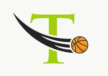 Hareket Eden Basketbol Simgesi ile T Basketbol Logosu. Basket Topu Logotype Sembol Vektör Şablonu