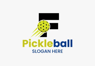 Hareketli Pickleball Sembollü F harfi Logo Kavramı. Turşu Topu Logotype Vektör Şablonu