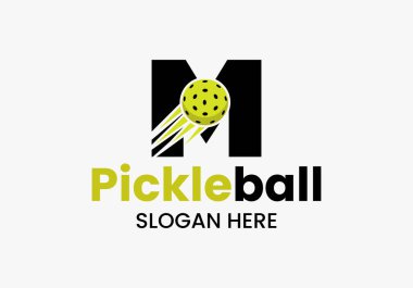 Hareketli Pickleball Sembollü M Pickleball Logosu. Turşu Topu Logotype Vektör Şablonu