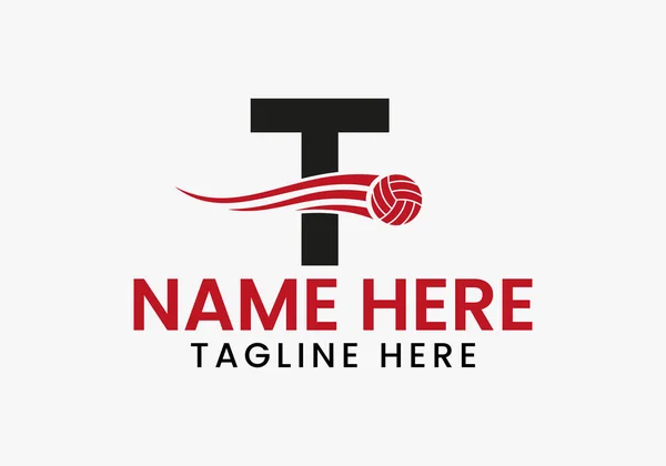 Letter T Volleyball Logo Concept With Moving Volley Ball Icon. Volleyball Sports Logotype