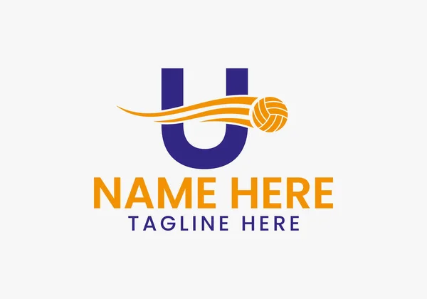 Letter U Volleyball Logo Concept With Moving Volley Ball Icon. Volleyball Sports Logotype