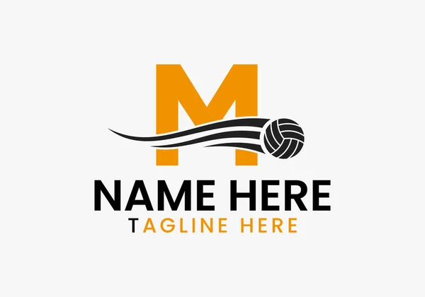 Letter M Volleyball Logo Concept With Moving Volley Ball Icon. Volleyball Sports Logotype